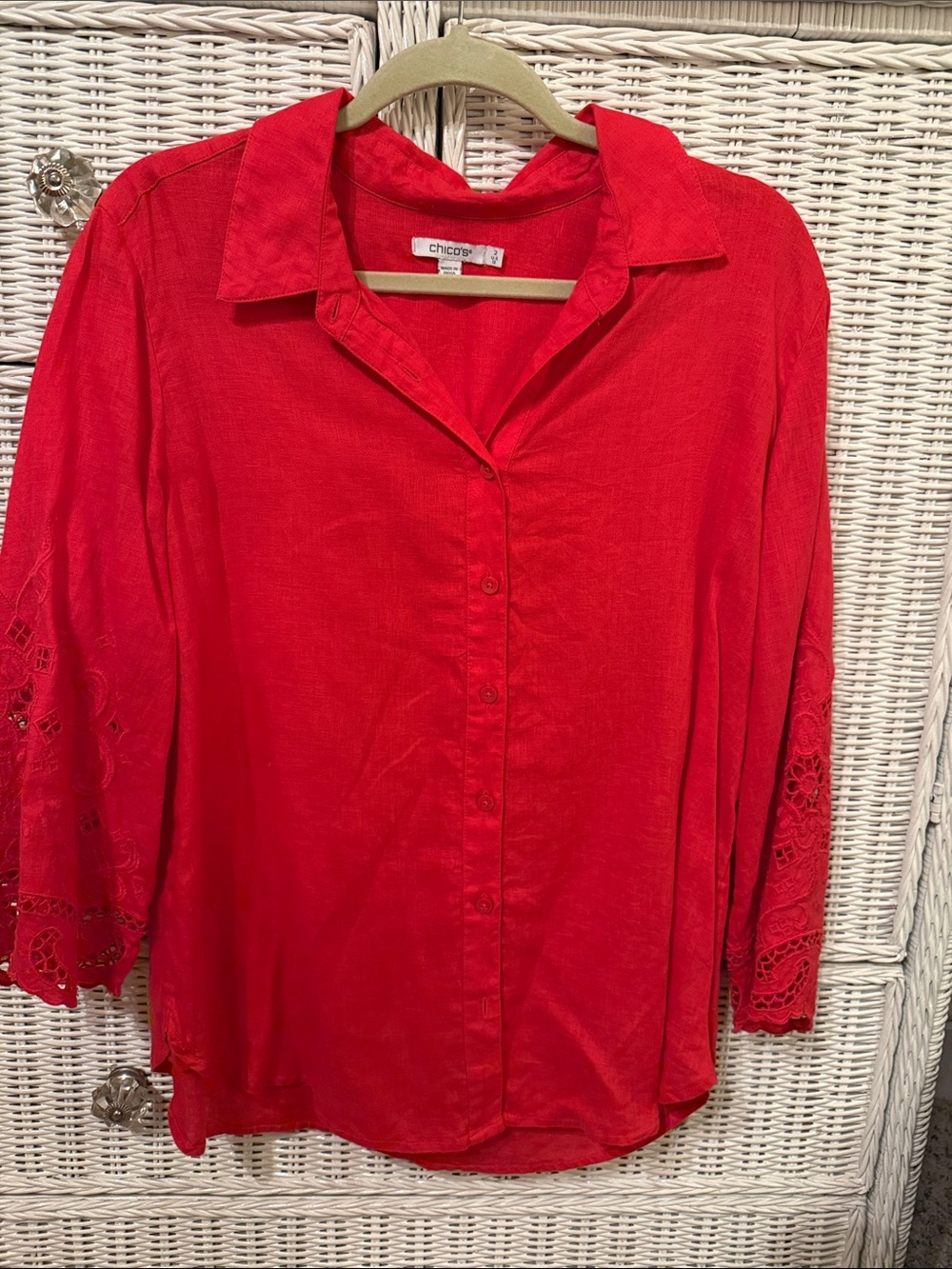 Chico's Bright Red Button-Down Shirt with Crochet eyelet Sleeve Detail